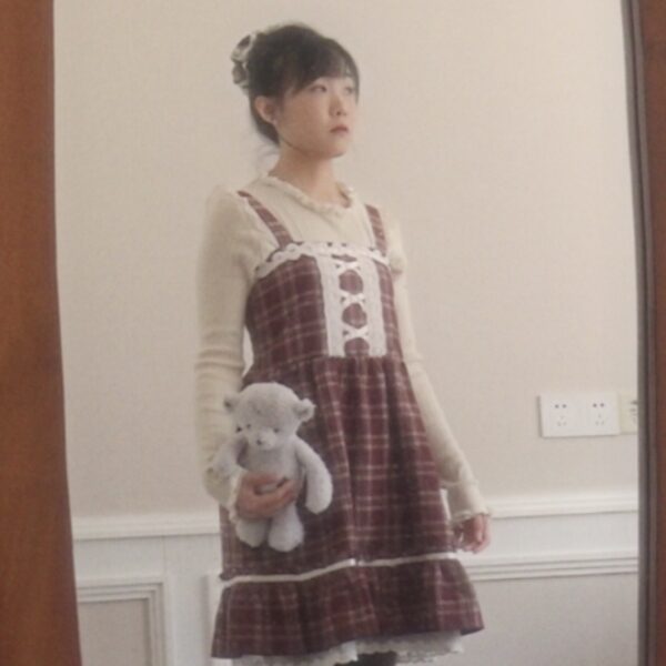 axes femme Autum Witer balletcore red brown checkered jumper dress - 图片 4