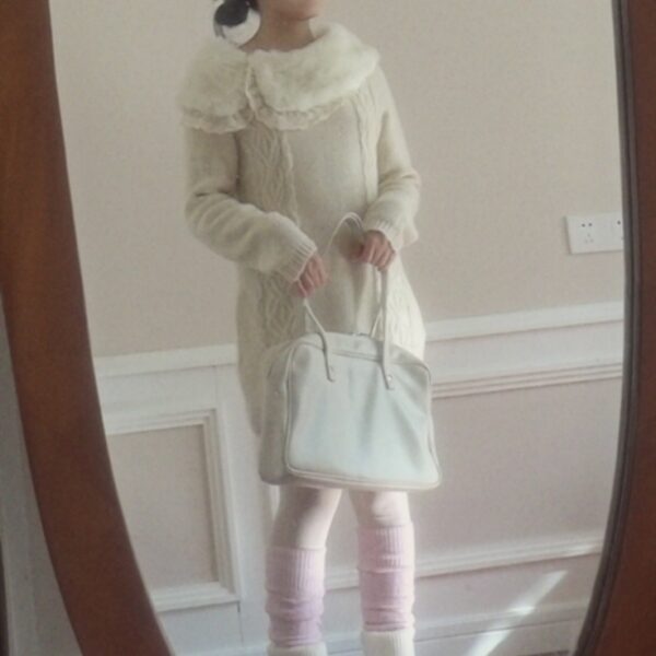axes femme milky white long sweater with large fluffy collar - 图片 5