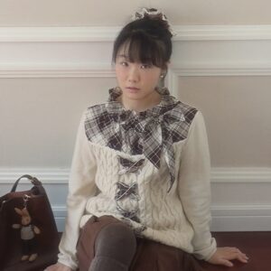 axes femme brown checkered ribboned sweater