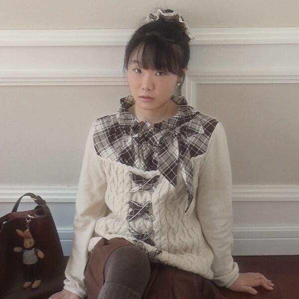 axes femme brown checkered ribboned sweater