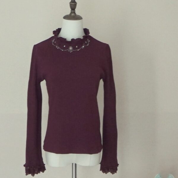 axes femme Eggplant purple knitted top decorated with lace and ribbon roses - 图片 8