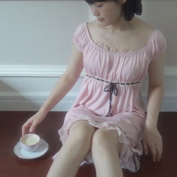 Japanese balletcore lotus pink ribbon dress - 图片 3