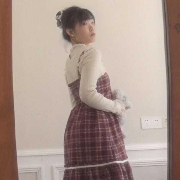 axes femme Autum Witer balletcore red brown checkered jumper dress - 图片 6