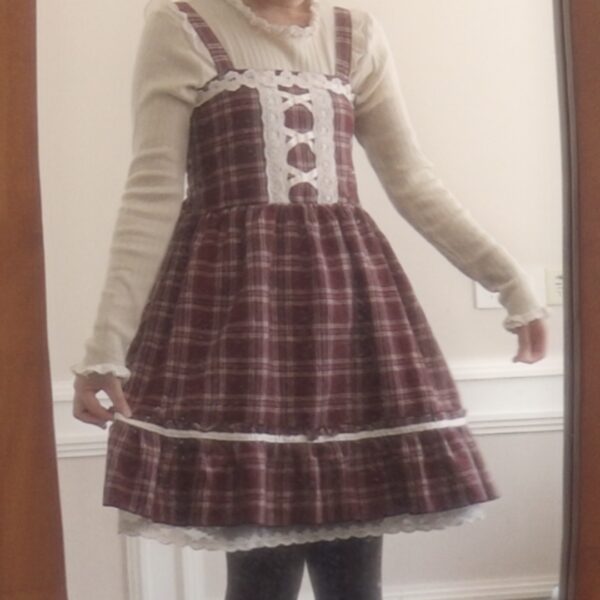axes femme Autum Witer balletcore red brown checkered jumper dress - 图片 5