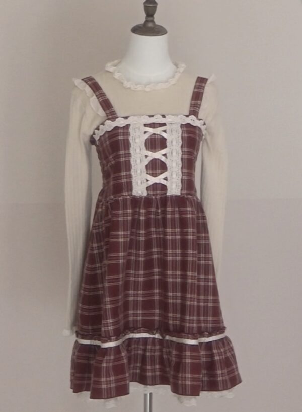 axes femme Autum Witer balletcore red brown checkered jumper dress - 图片 7