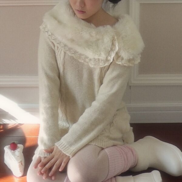 axes femme milky white long sweater with large fluffy collar - 图片 3