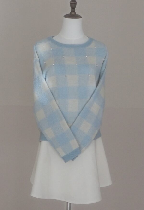 Tralala college style checkered sweater decorated with pearls - 图片 4