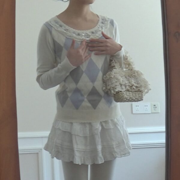 axes femme spring diamond knit top with bows,roses,pearls - 图片 3